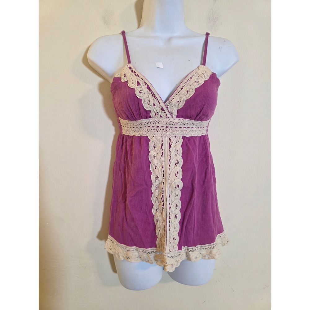 Xhilaration Purple Cotton Crochet Lace Boho Cami Top XS Smocked Back Strappy Y2K